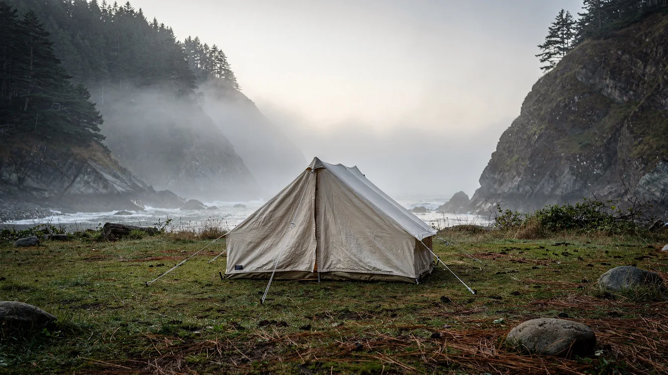 A canvas tent at a sheltered clearing with fog drifting over a rugged Pacific-like coastal valley