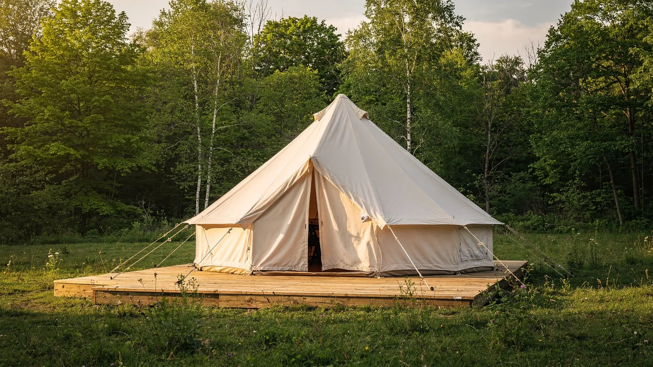 A canvas bell tent on a wooden platform beside a meadow and northern woodland